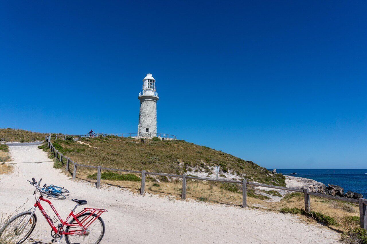Cycling path and lighthouse on Rottnest Island, Western Australia